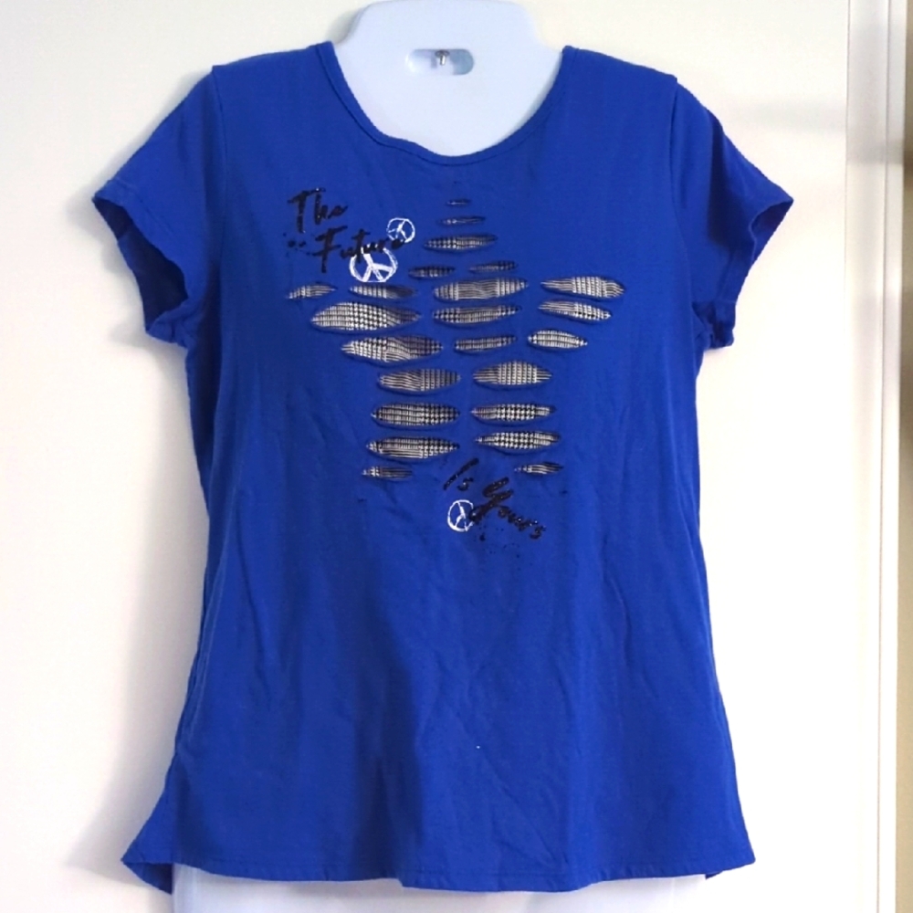 Justice Blue Cap Sleeve T-Shirt with Silver Cut Out Design